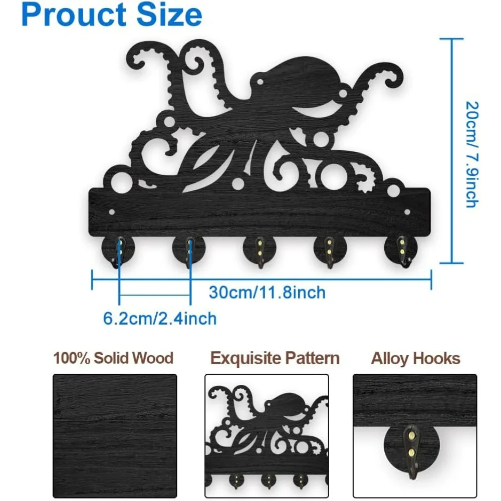 Octopus Coat Hooks Wall Mount Octopus Tentacles Wood Key Holder for Wall 11.8×7.9inch Black Ocean Sealife Wall Art Decor Key