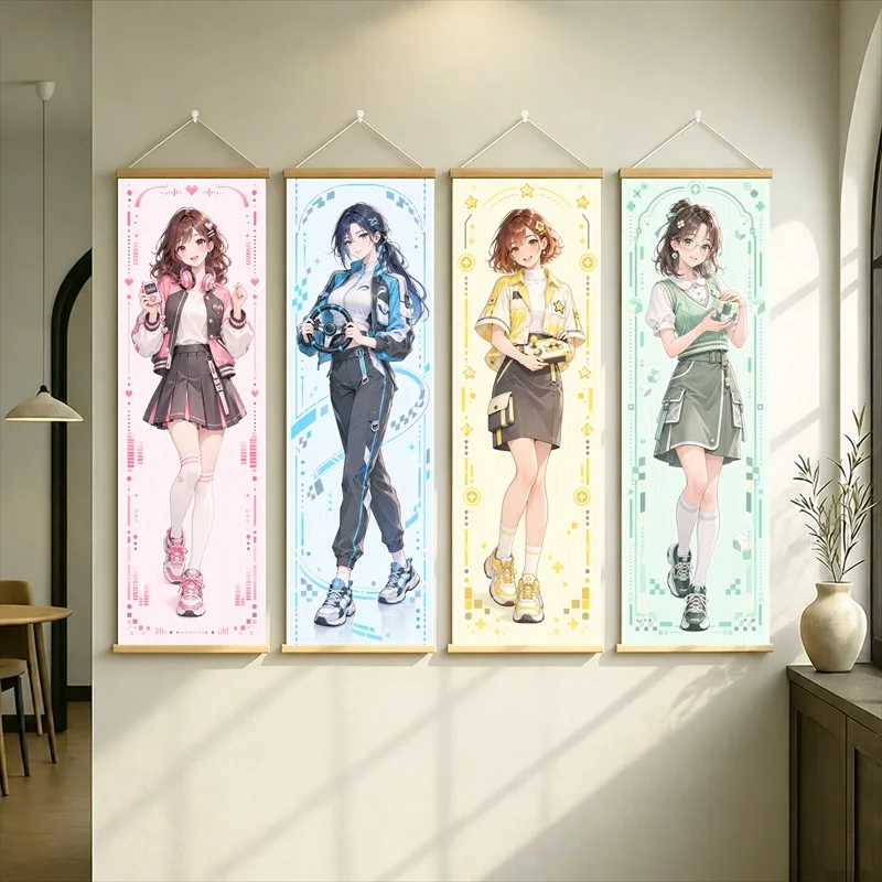 Anime Girls in Colorful Modern Outfits Hanging Scroll with Pink, Blue, Yellow and Green Floral Panels for a Bedroom