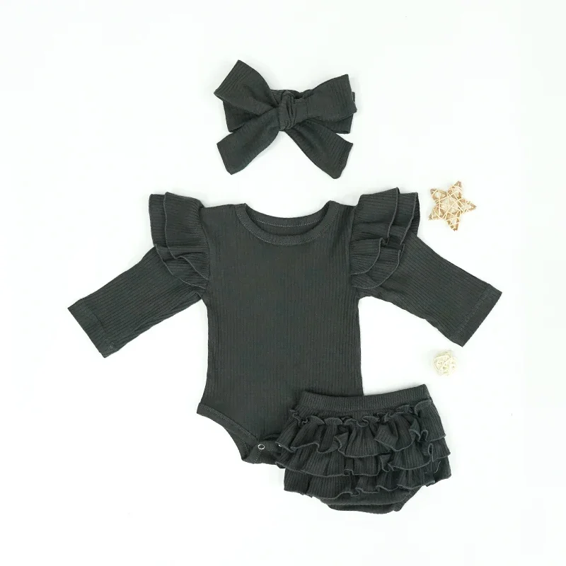 Baby Girls Romper Set | Newborn Flying Sleeve Rompers | Knitted Rompers with Bow Headband | Cake Bloomers | Ropa Bebe