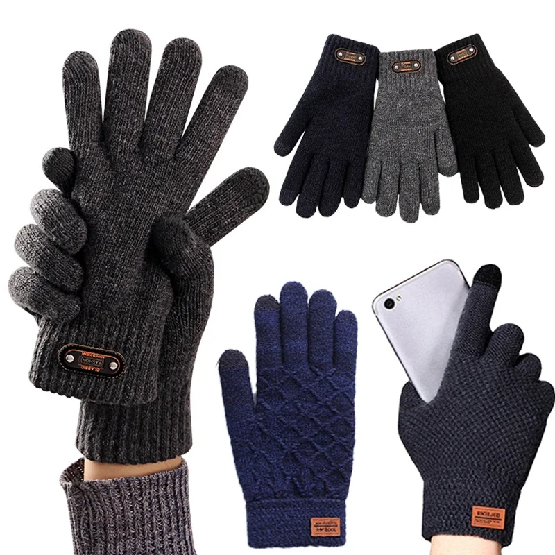 

Autumn Winter Men Knitted Gloves Touch Screen High Quality Wool Thicken Elastic Solid Color Gloves Men Mitten