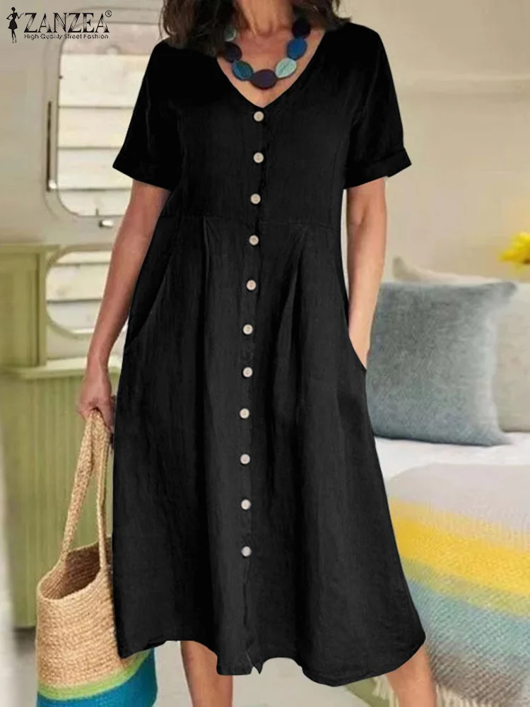 ZANZEA Summer Fashion Women Dress Solid Short Sleeve V-Neck Cotton Button Vestido Elegant Casual Oversized Midi Dresses 2023