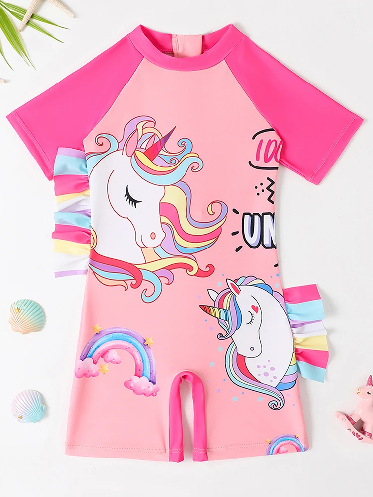 Girls Kids Swimsuit 2025 New Rainbow Horse Siamese Short Sleeves Children Swimwear Summer One Piece Beach Bathing Suit Swimming