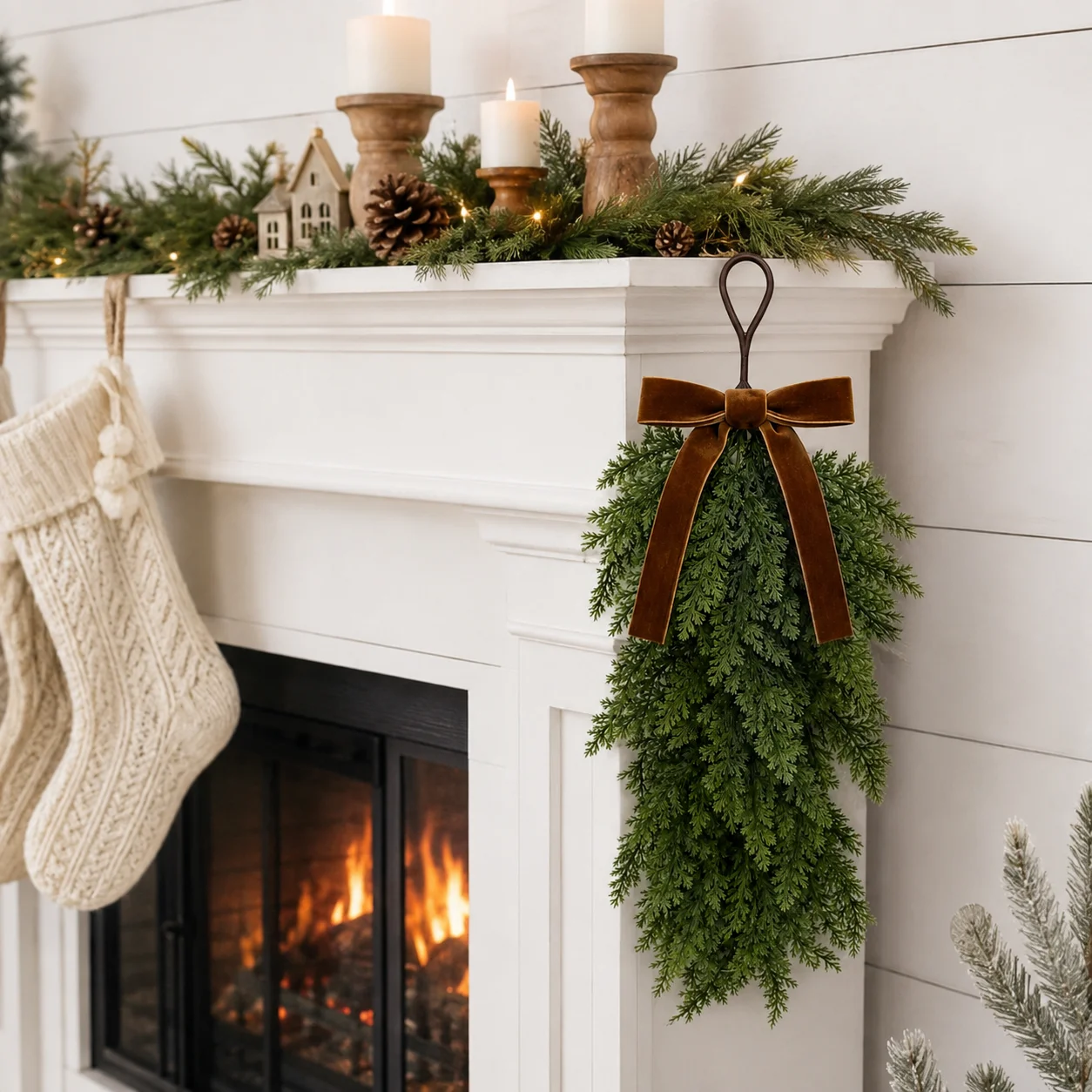 2 Stück Künstliche Zedern-Tropfenkranz mit Samtschleife, Hängendes Evergreen-Grün für Weihnachtsdekoration an Tür, Wand, Kamin und für Feiertage – Detail 3