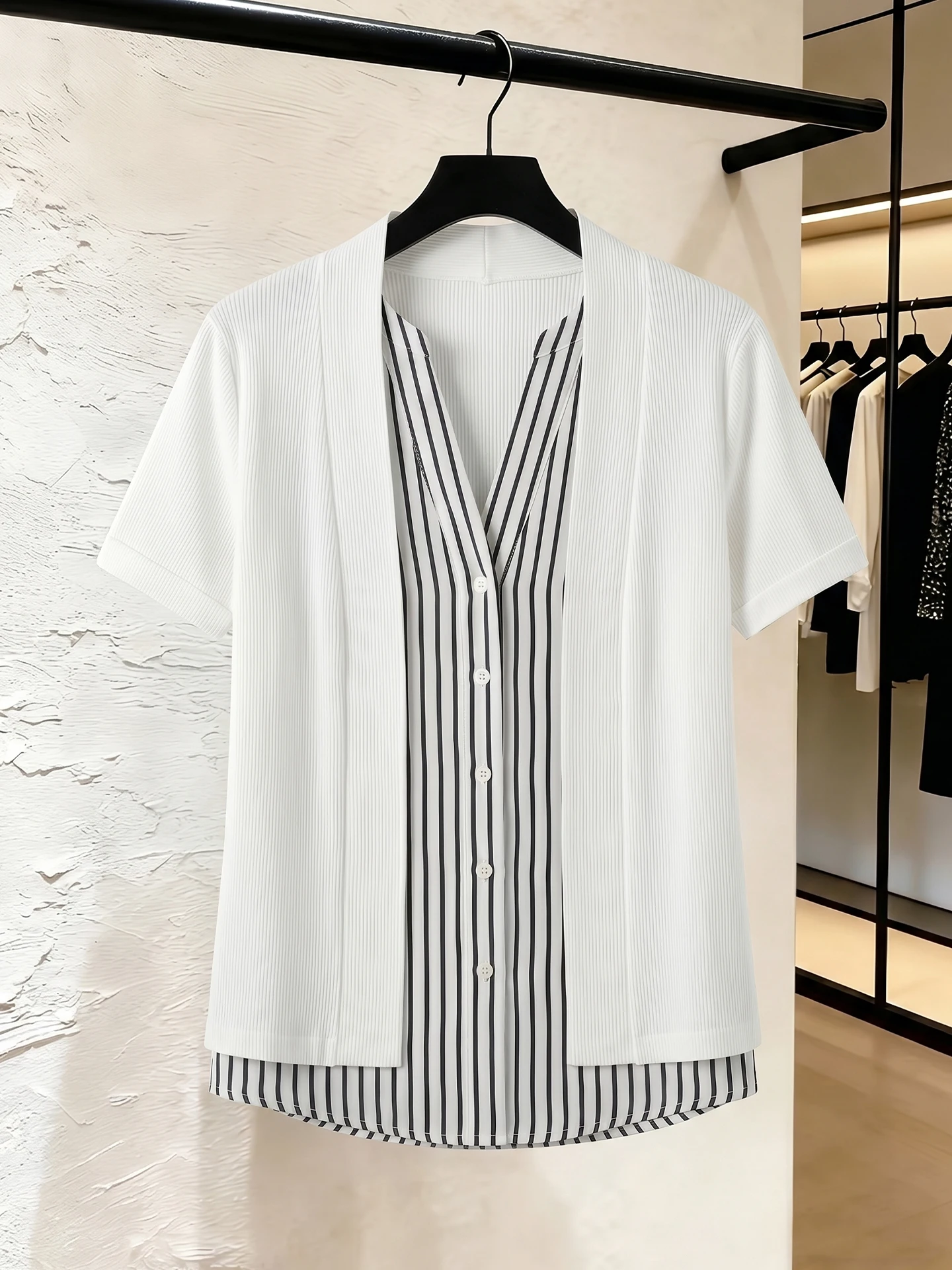 

Elegant Summer Commute Loose Fit Short Sleeve Fake Two-Piece Comfortable Versatile Women's Top Soft Korean Style Basic Shirt