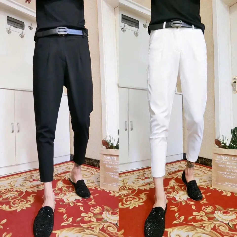 

Men's Casual Pants Solid Color Slimming Ankle-length Trousers Spring Autumn Style Design Elastic Waist Male Band Trousers A59