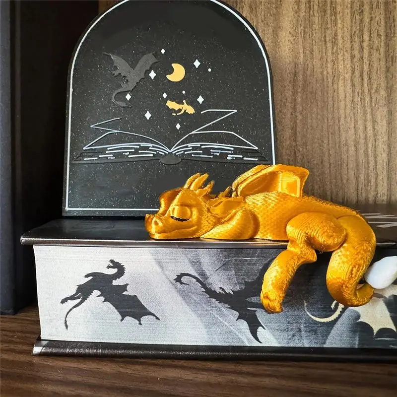 AB47-3D Print Dragon Bookends Vintage Sleeping Dragon For Bookshelf Decor Figurine Black