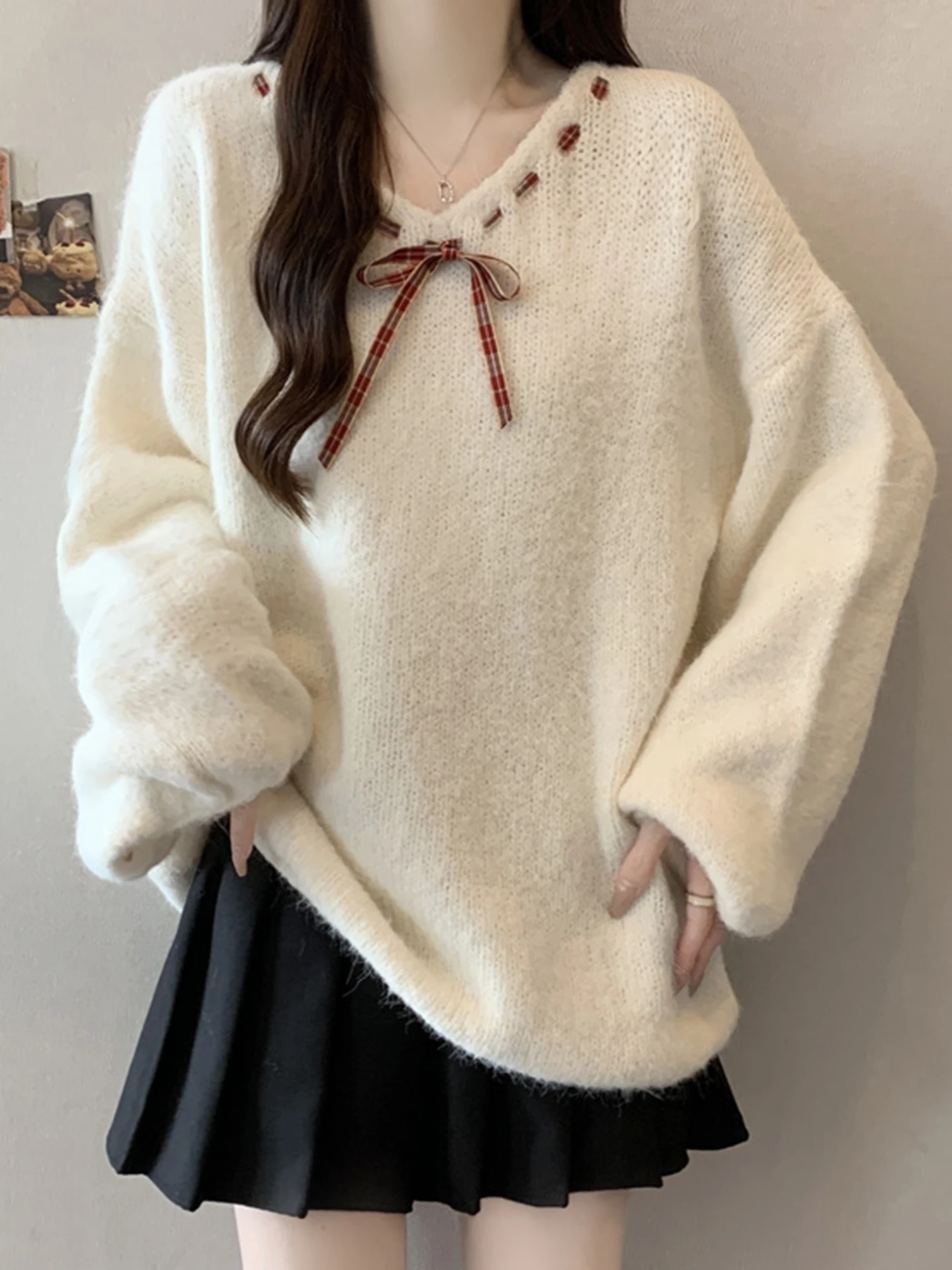 

Женский утепленный вязаный свитер с длинным рукавом, свободного кроя, с поясом, осенне-зимний, с V-образным вырезом, мягкий и уютный топ для больших размеров
