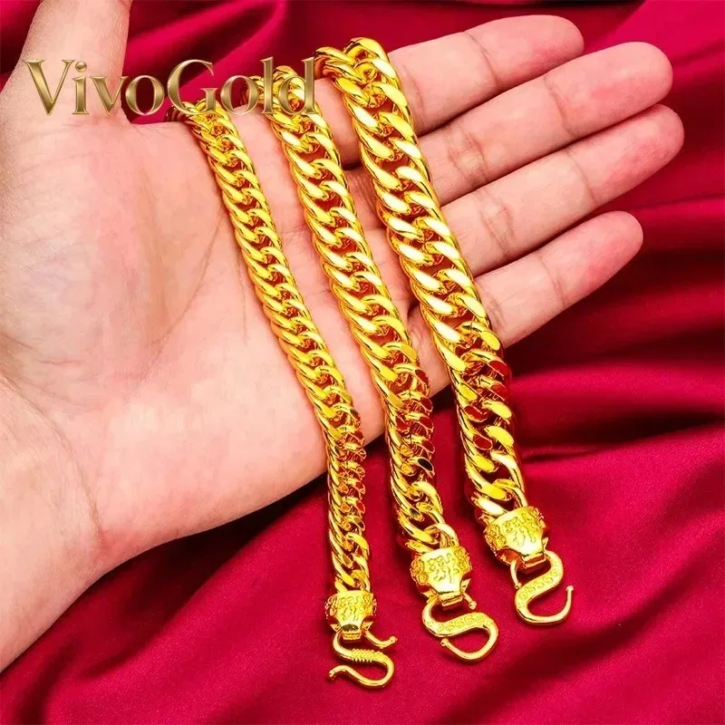 

VivoGold 24K Gold Lucky Head Flat Bracelet 10 12 14mm Men AU999 - 24K forged/AU999, smooth link, 10-14mm for diverse needs