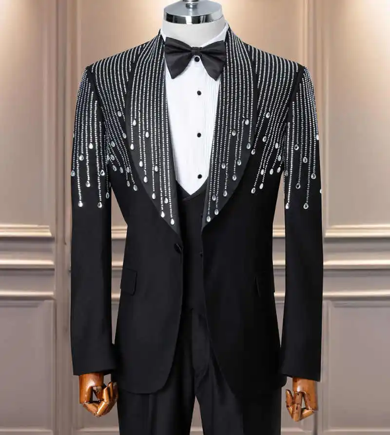 Customized Wedding Groom's Tuxedo 2 Piece Jacket Pants Crystals Shawl Lapel Formal Occasions Party Costume Homme Ropa hombre