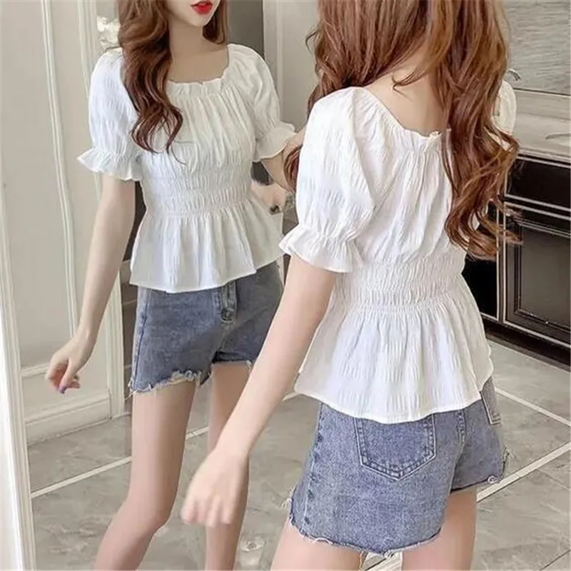 Short Chiffon Shirt Square Neck Top Puff Sleeve Design Women's Short Sleeve Thin Shirt Womens Blouses Wholesale