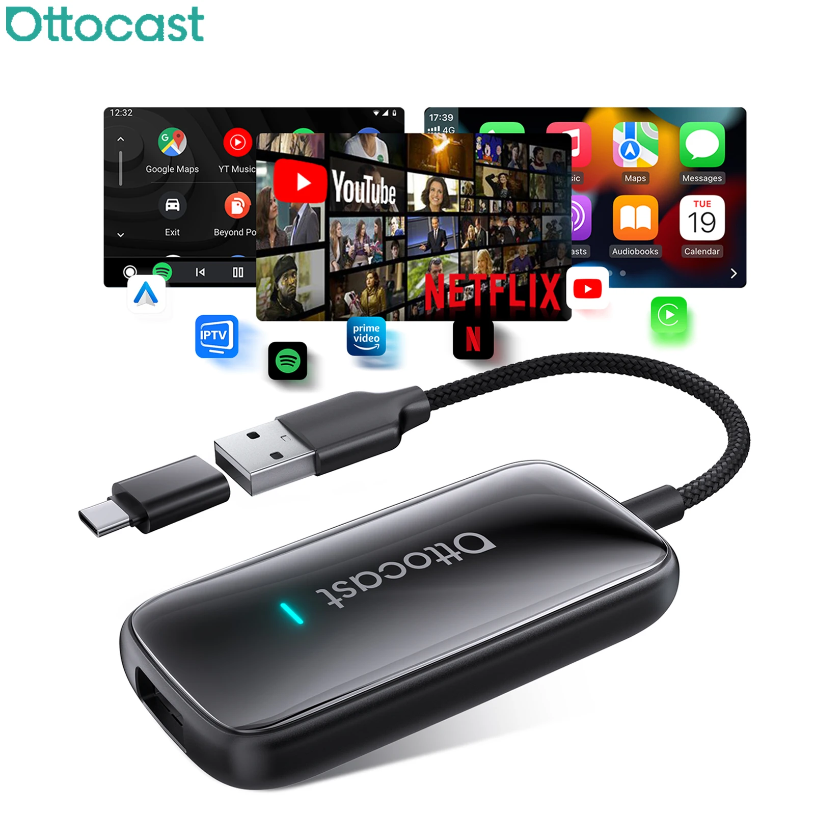 OTTOCAST Play2Video Ultra 3 In 1 Ai Box Wireless CarPlay Android Auto Adapter Built-in APP Hub for Youtube Netflix IPTV Tiktok