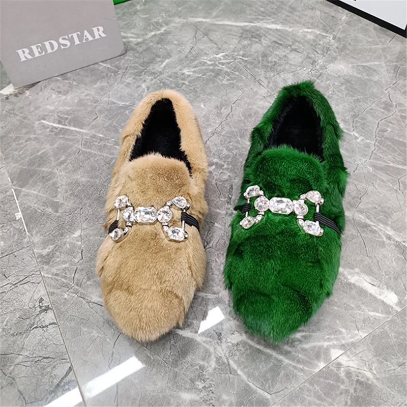 Green Women Winter Warm Flats Real Mink Fur Slip-on Loafers Casual Espadrilles Female Walking Shoes Crystal Platform Moccasins