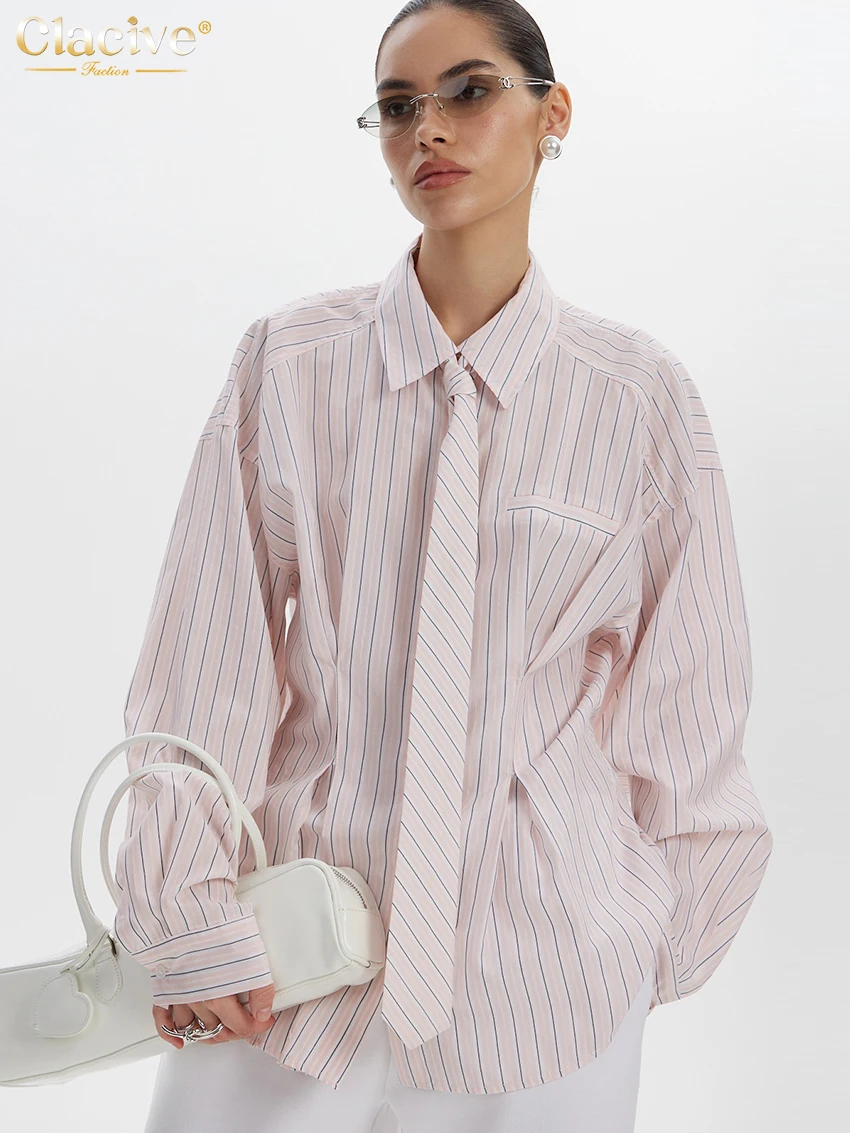 Clacive Fashion Loose Stripe Print Women's Shirt 2025 Casual Lapel Long Sleeve Blouse Elegant Classic Tie Top Female Clothing