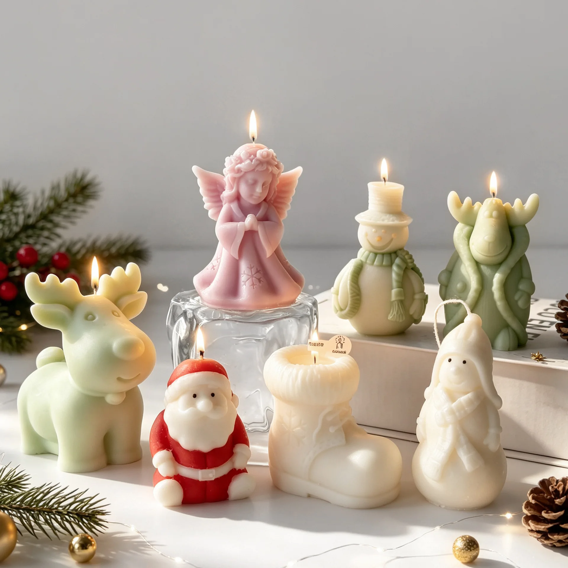 DIY Weihnachtsserie Silikonform für Weihnachtsmann, Schneemann, Rentier, Weihnachtsbaum, Glocke, Schneestiefel, Aromakerzen, Gips-Gießformen