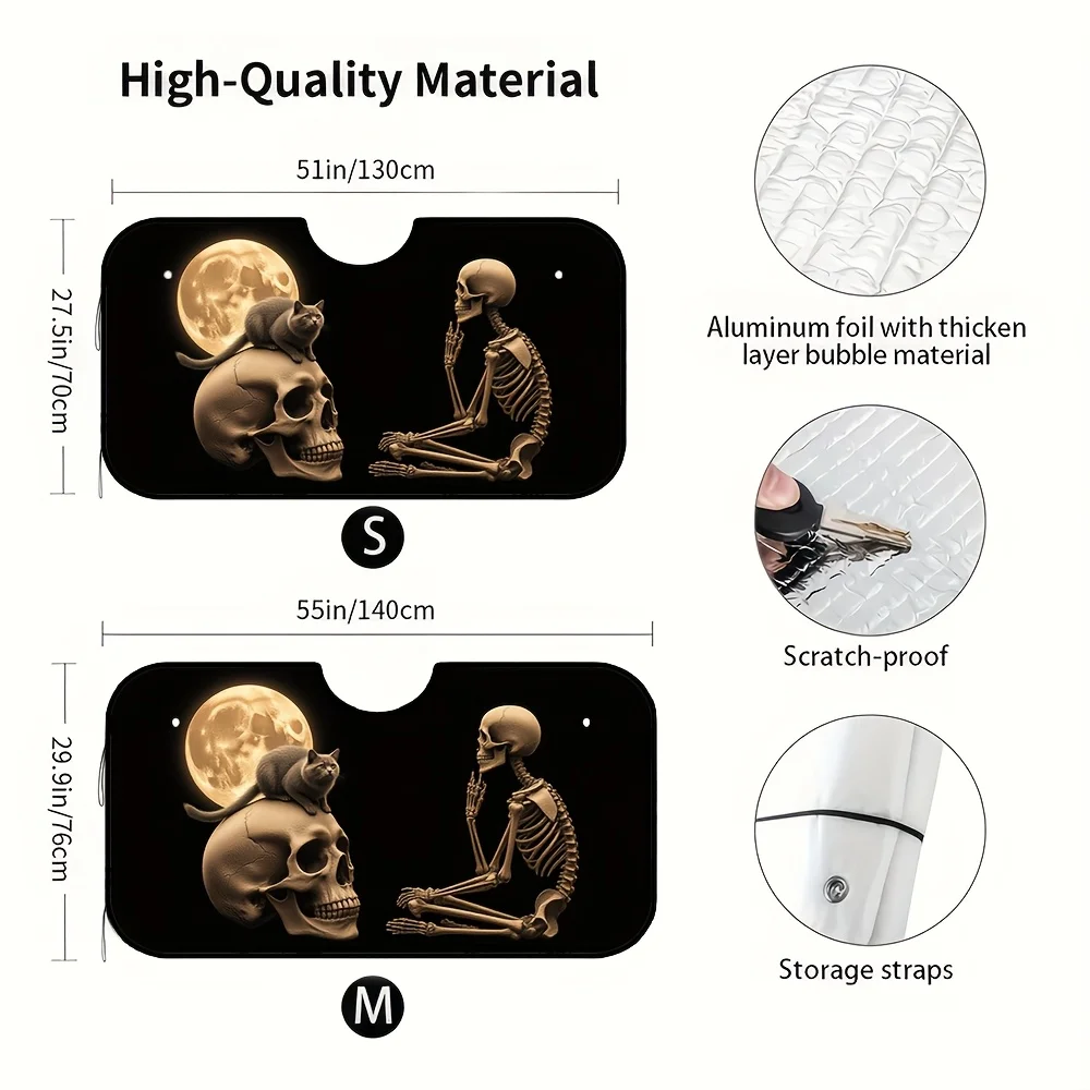 1pc, Skeleton Cat Moon Gothic Pattern Sun Shade For Car Windshield, Foldable Sun Shield, Compact And Convenient For Daily Use, P