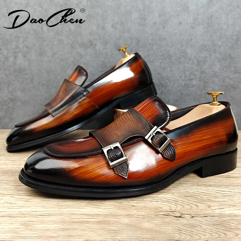 DAOCHEN Luxury Mens Leathe Shoes Slip On Patent Leather Coffee Black Monk Strap Men Shoes Wedding Party Casual Dress Loafers