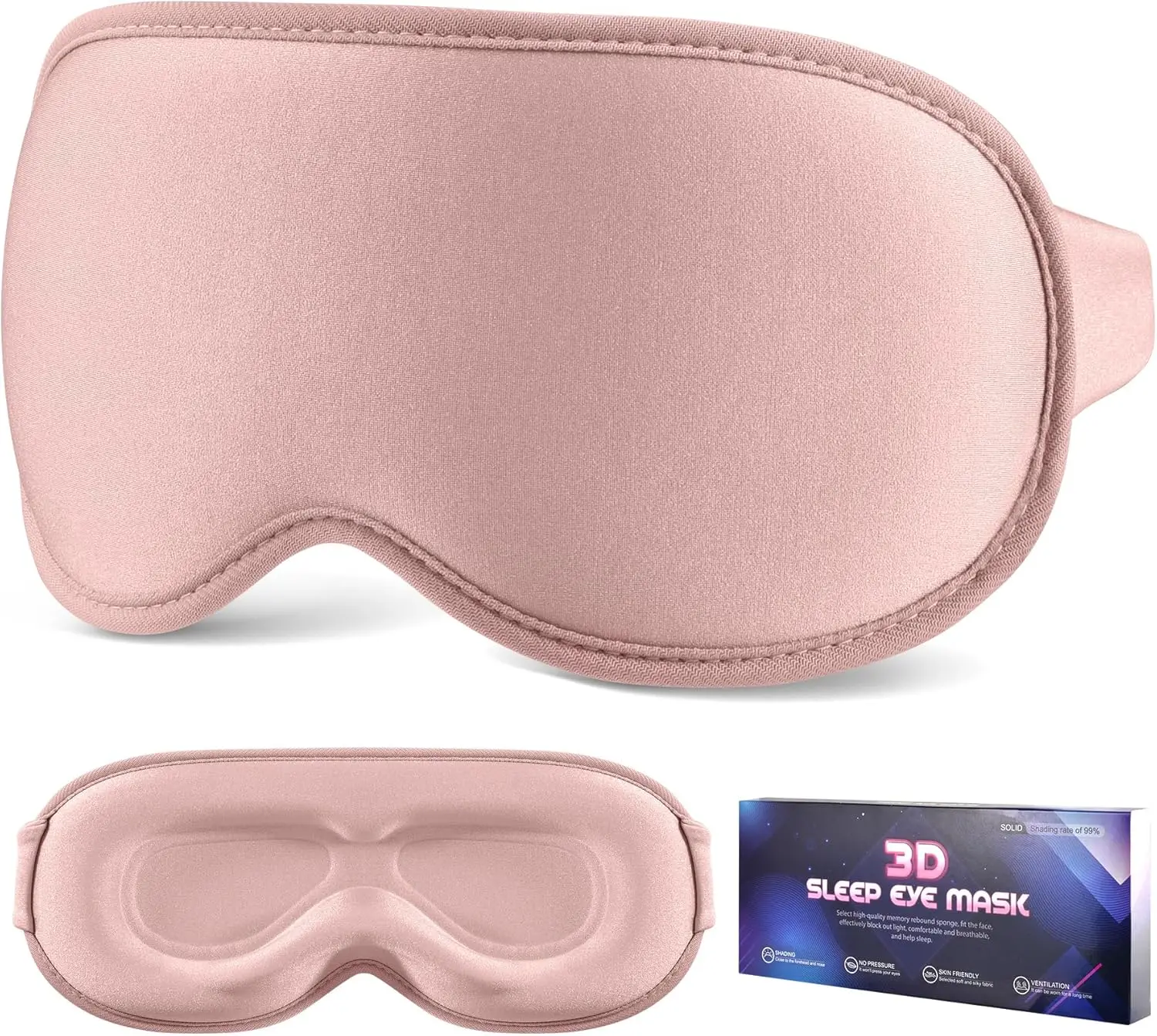 

3D Contoured Sleep Mask for Side Sleepers, Light Blocking Eye Mask with Adjustable Strap, Soft Breathable for Travel, Pink