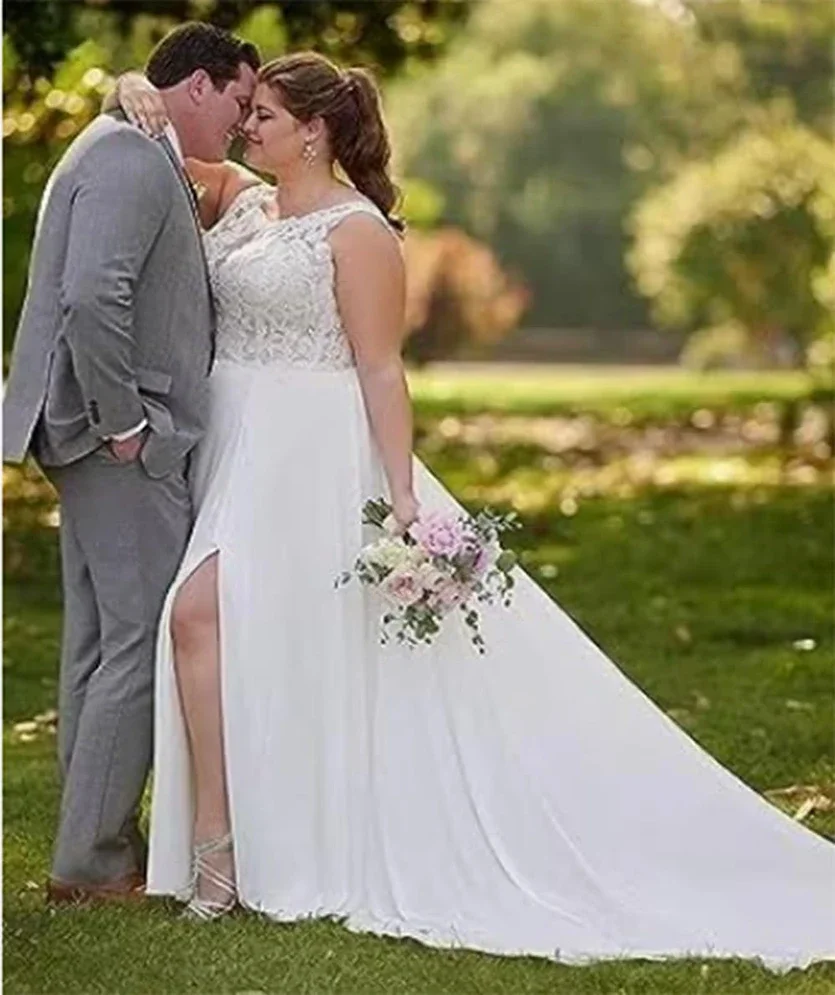 Vestidos de casamento de renda das mulheres para noiva a linha aberta volta lateral dividir vestidos formais de noiva com trem branco/marfim vestidos de noiva