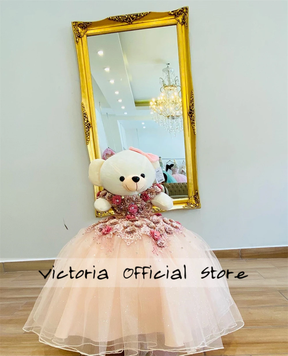 Shiny Lovely Pink Beaded 3D Flowers Personalized Quinceanera Teddy Bear Dress Off The Shoulder Lace Appliques Sweetheart