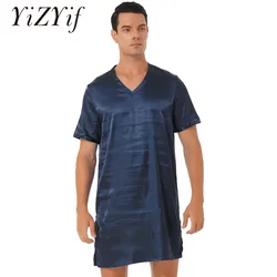 Men Satin Nightgown Fashion Sleep Robe V Neck Short Sleeve Pajamas Sleepwear Homewear Sides Split Nightwear Man Bathrobes