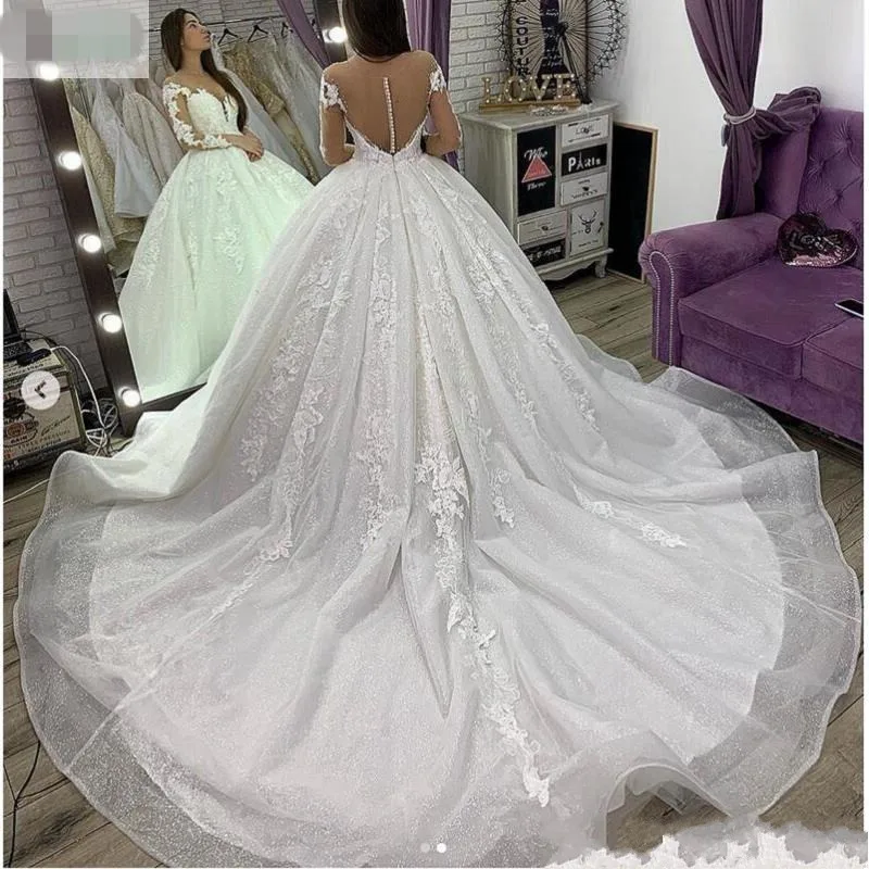 Customized Scoop Neck Shinny Appliques Beads  Wedding Dress Sweep Train  Long Sleeves Bridal Gown with Illusion Buttons Back