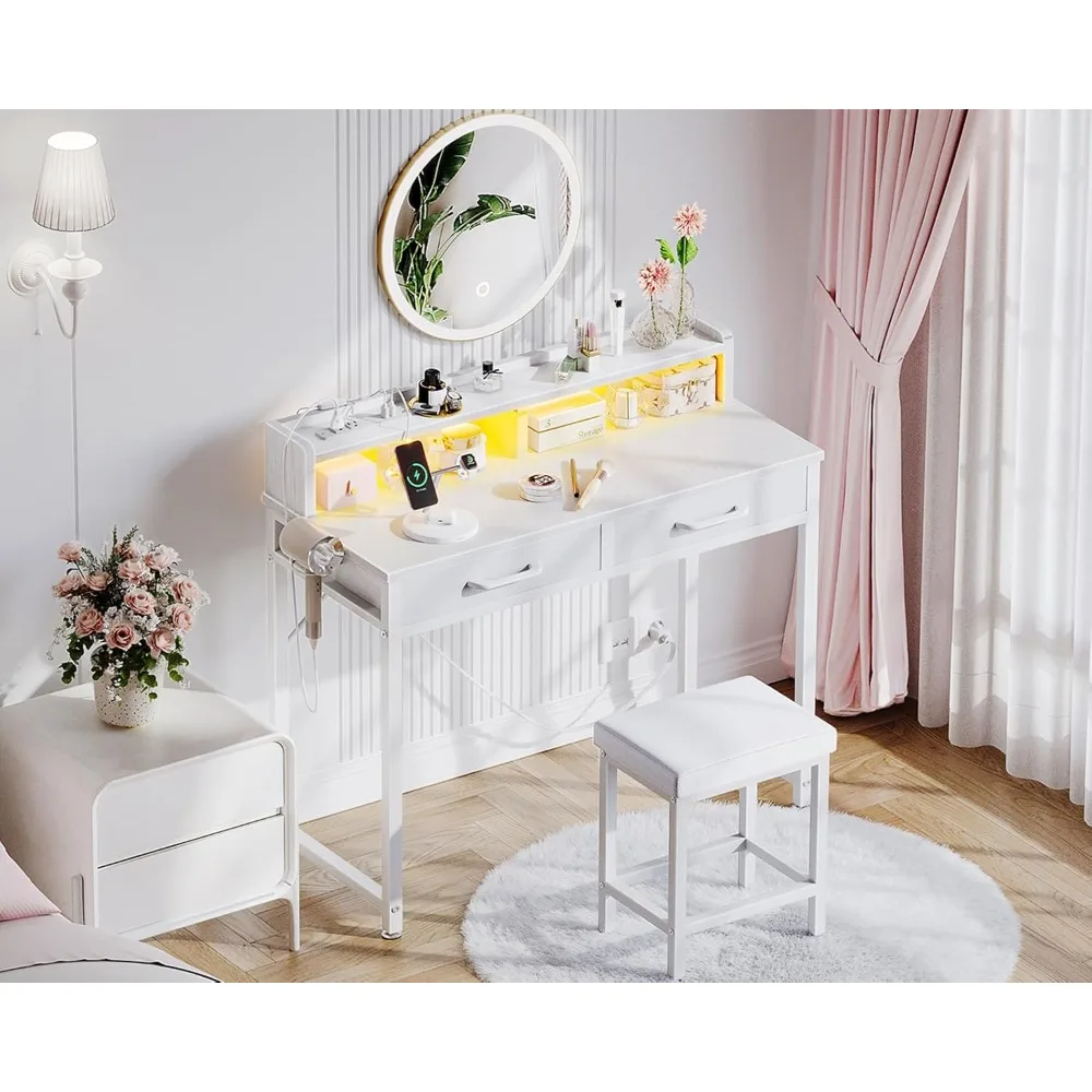 

Vanity Desk with Chair, LED Lights, White Small Desk without Mirror, 32 Inch Makeup Table with 2 Fabric Drawers for Small Space