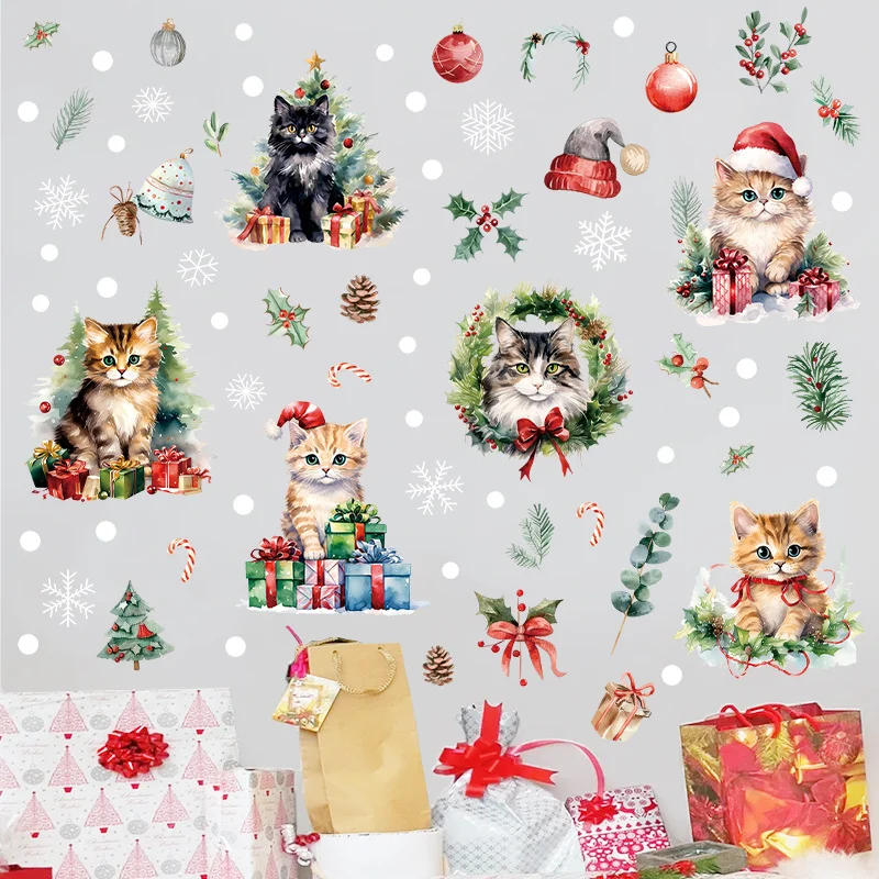 6PCS/a set of Christmas wall stickers, cute animal Christmas cat window decoration window stickers, cartoon cat window stickers