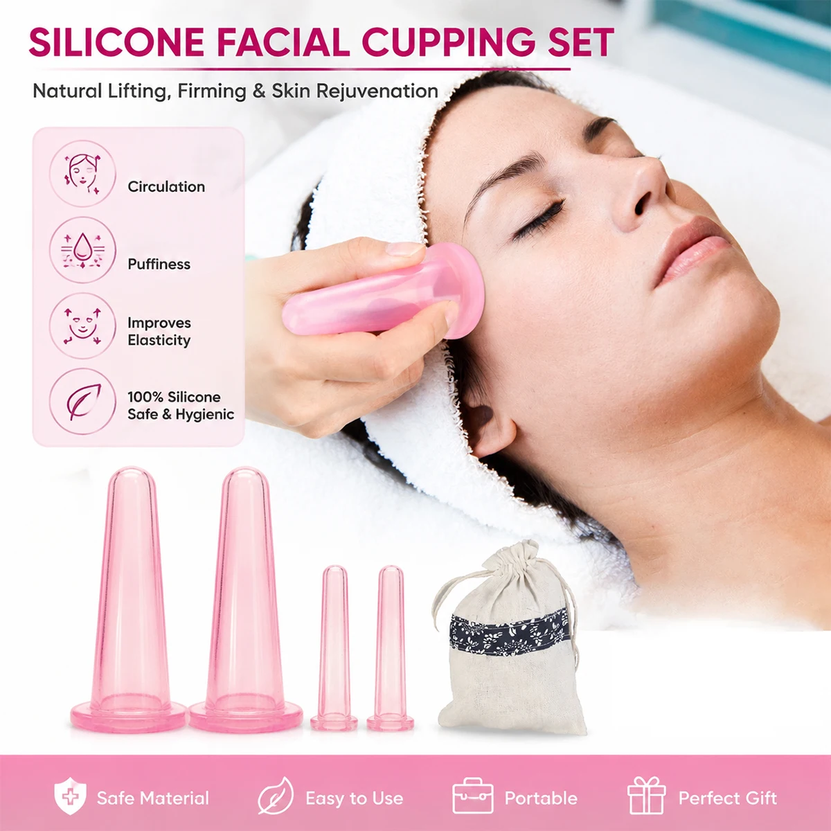 

Four-piece silicone facial cupping set, natural shaping, cellulite massage, vacuum suction cup, gua sha cup, massage tools.
