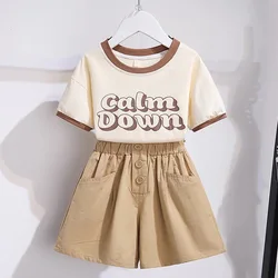 2024 casual NEW summer Teenager Girls Cloth short sleeve letters T-Shirt top + cargo pant dress children set 7 8 9 10 11 12 year