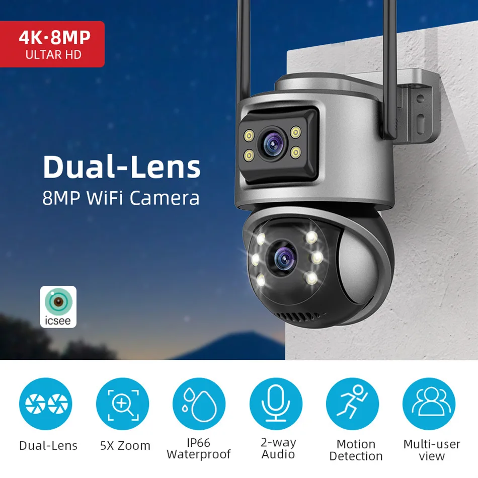 

6MP HD WiFi IP Camera Outdoor 5X Zoom Dual Lens PTZ Cam Auto Tracking Security Video Surveillance CCTV iCSee