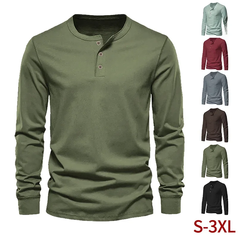 Men's Long Sleeve T-shirt Spring Thin Loose-fit Versatile Casual Base Layer Top Henry T-shirt