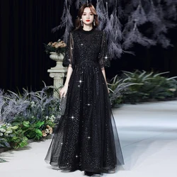 Black Evening Dresses Long Modest Neck A-Line Floor-Length Shiny Sequin Tulle Long Women Prom Gowns For Formal Occasion