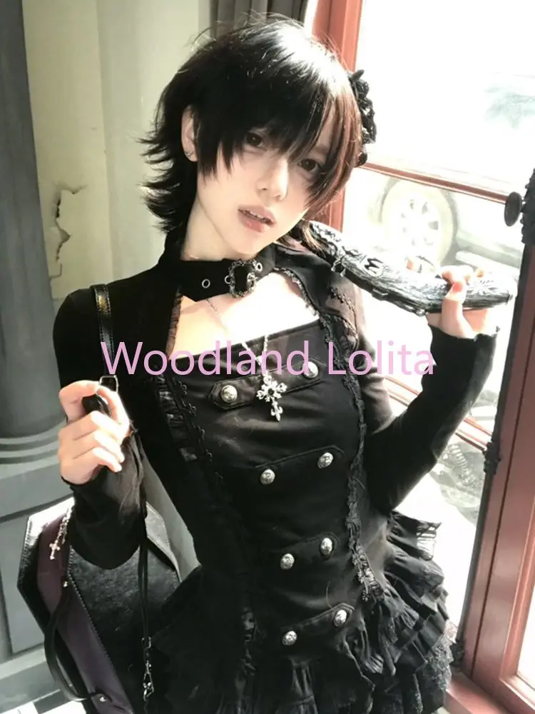 Jirai Kei Gothic Lolita Dark Sweet 2 Piece Set Women Long Sleeve Lace Ruffle Tiered Skirt Bowknot Cross Slim Fit Mini Dress Set image 3