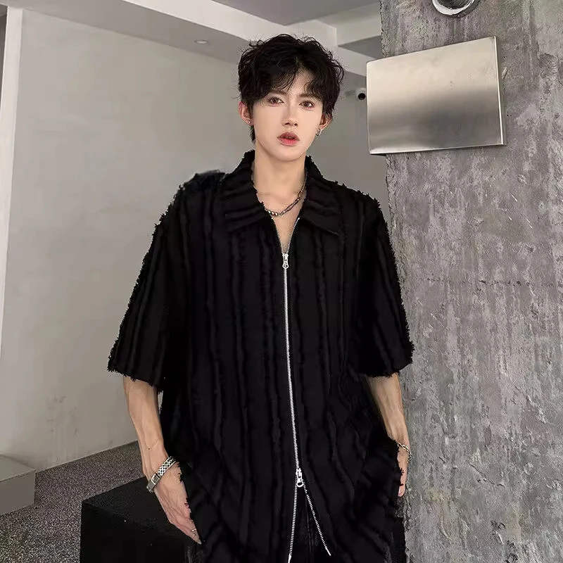 Men's 2025 Summer New Niche Trendy Retro Tassels Short Sleeve Shirts Men's Fashion Double Zipper Tops Male Stylish Lapel Shirts