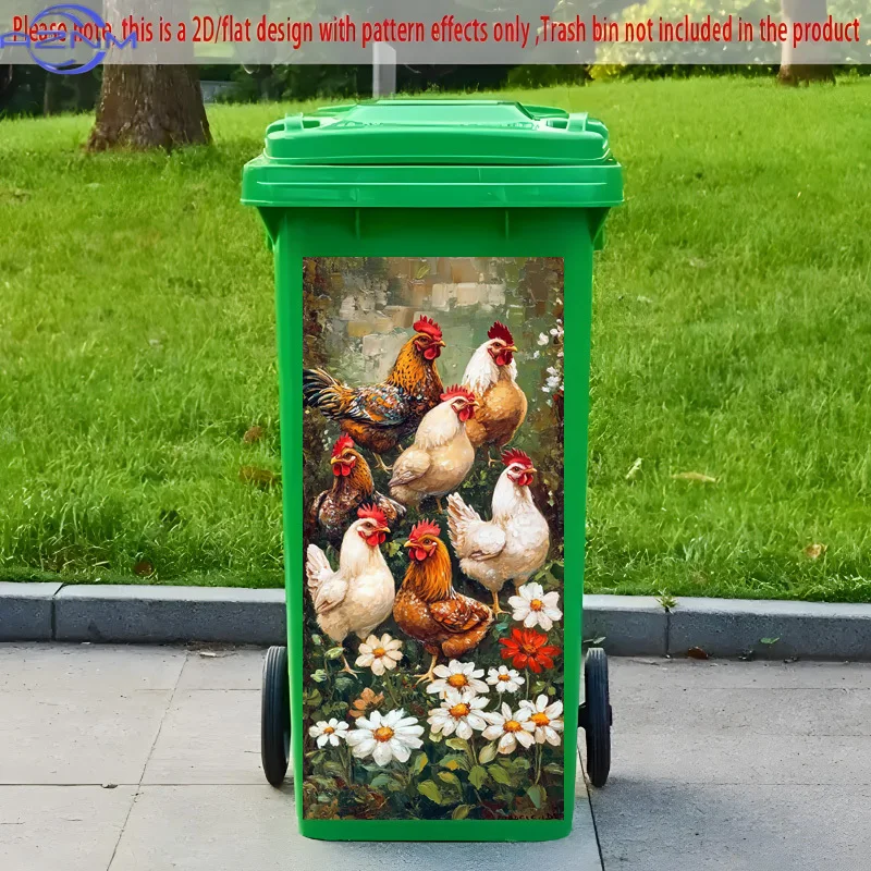 1pc 2D Flat Self-Adhesive Trash Can Sticker, Pastoral Style Group of Chickens And Flower Decorative Painting Pattern Sticker,