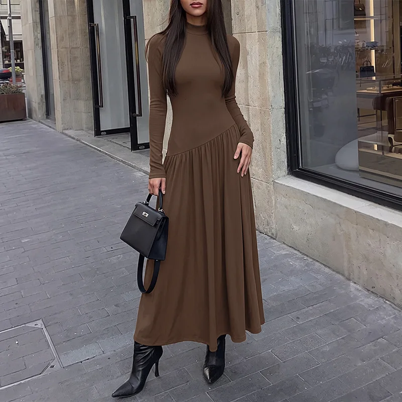 MsChuh Women's Long Dresses European American Autumn-Winter Semi-High Neck Slim-Fit Long Sleeve Asymmetrical Pleated Vestidos