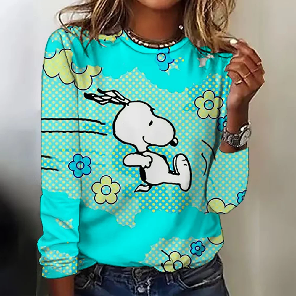 Women\'s Snoopy print long-sleeved tops round neck casual tops 3d printed Cartoon fashion stickers printed women\'s long-sleeved T