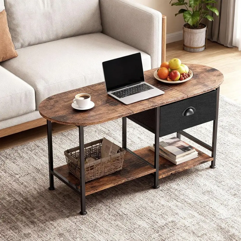 Rustic Brown 37 Oval Coffee Table with Storage for Small Spaces: Modern Wood Design with Drawers and Shelves