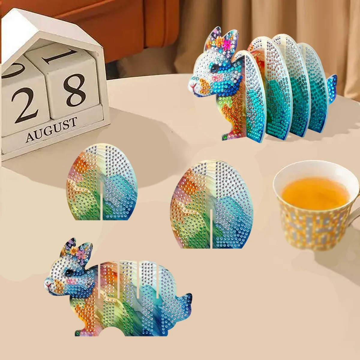 DIY Diamond Art Coasters Set, 5Pcs 3D Rabbit Puzzle Coasters with Special Shaped Gems, Acrylic Coaster Kit for Home Office Desk