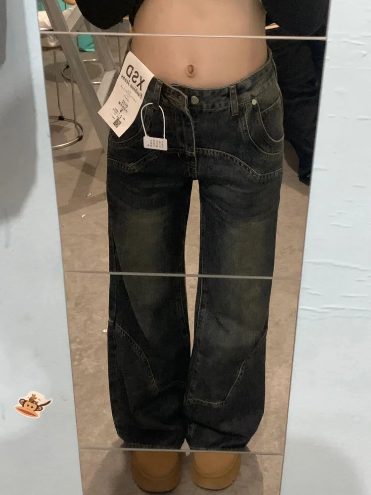 

Большие размеры, американские джинсы с широкими штанинами на подкладке, женские осенне-зимние свободные прямые свободные утягивающие длинные брюки