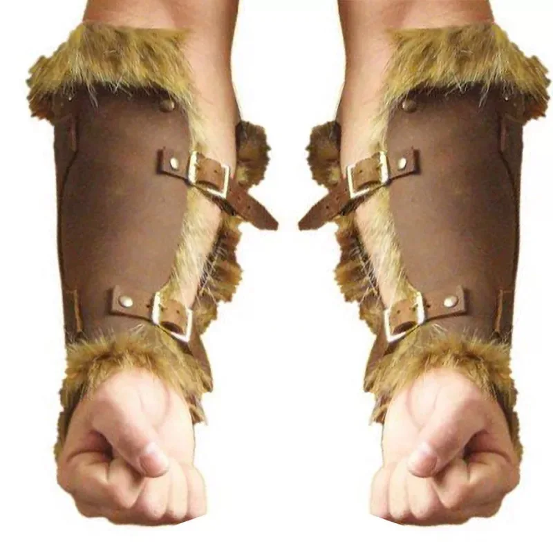 Medieval Viking Warrior Leather Bracer Steampunk Fur Accents LARP Costume for Men Women Riveted Arm Armor Halloween Accessory