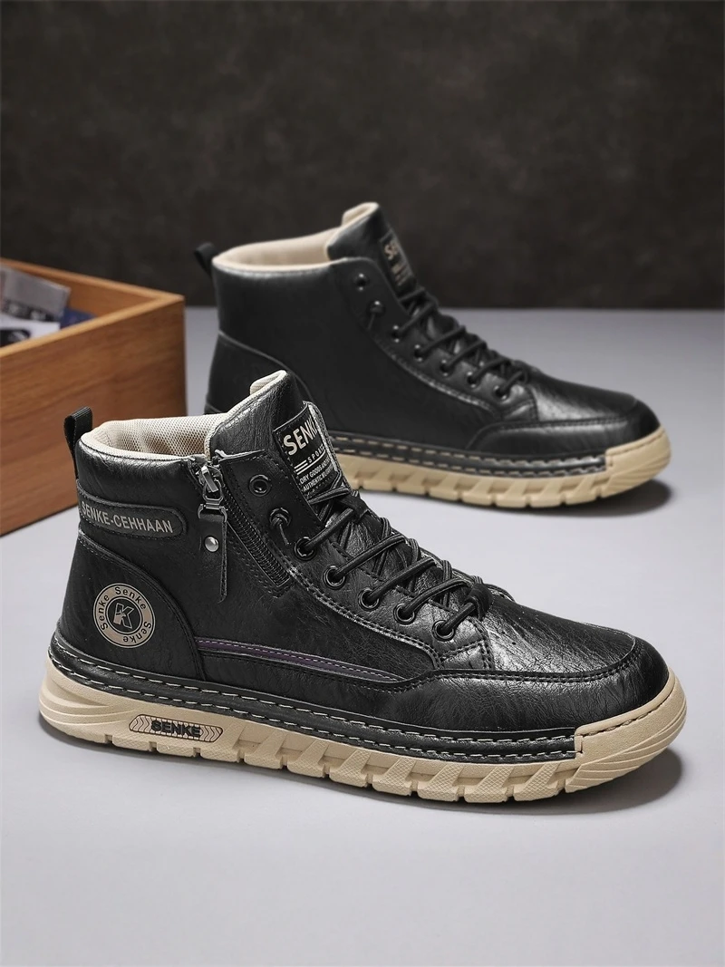 

Men's Casual Boots Winter Thick Bottom Short Work Shoes British Style Leisure Leather Shoes Heightening Rubber Sole