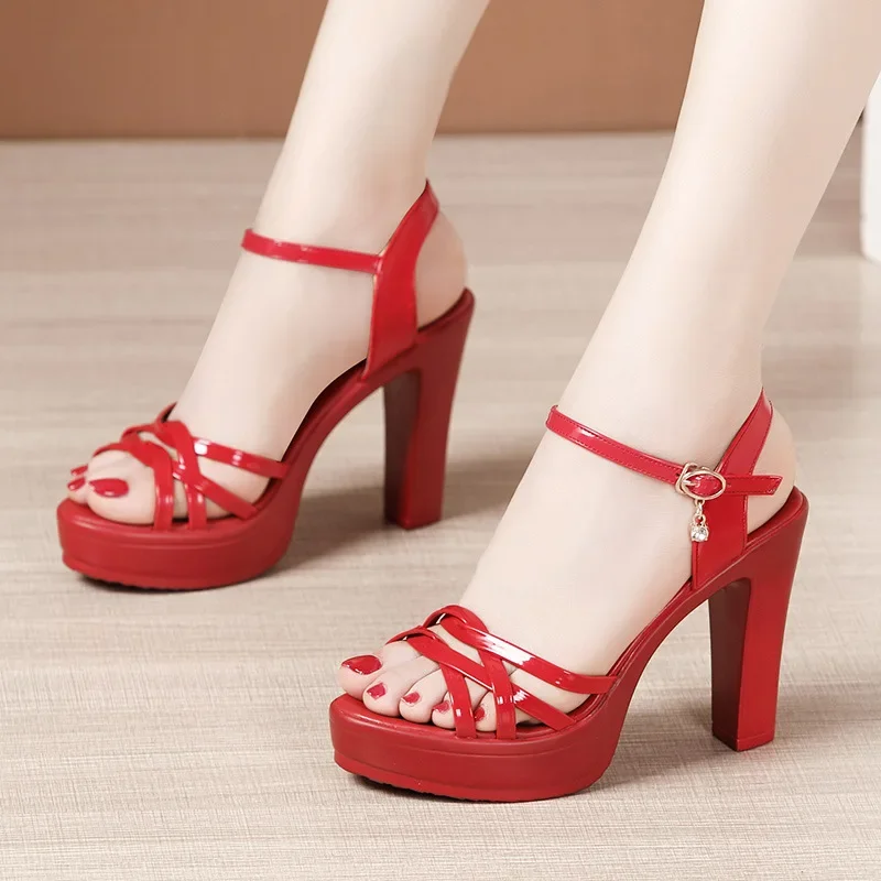 10cm Small Size 32-43 Elegant Knot Patent Leather Sandals Platform Shoes 2024 Womens Block High heels Sandals Office Model Party