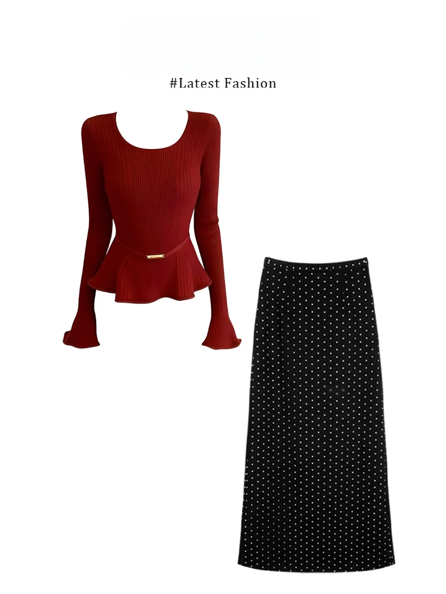 

Black Knitted Sweater with Detachable Belt And Polka Dot Half Skirt Set Women's Fashion Casual Winter Outfit Korean Style