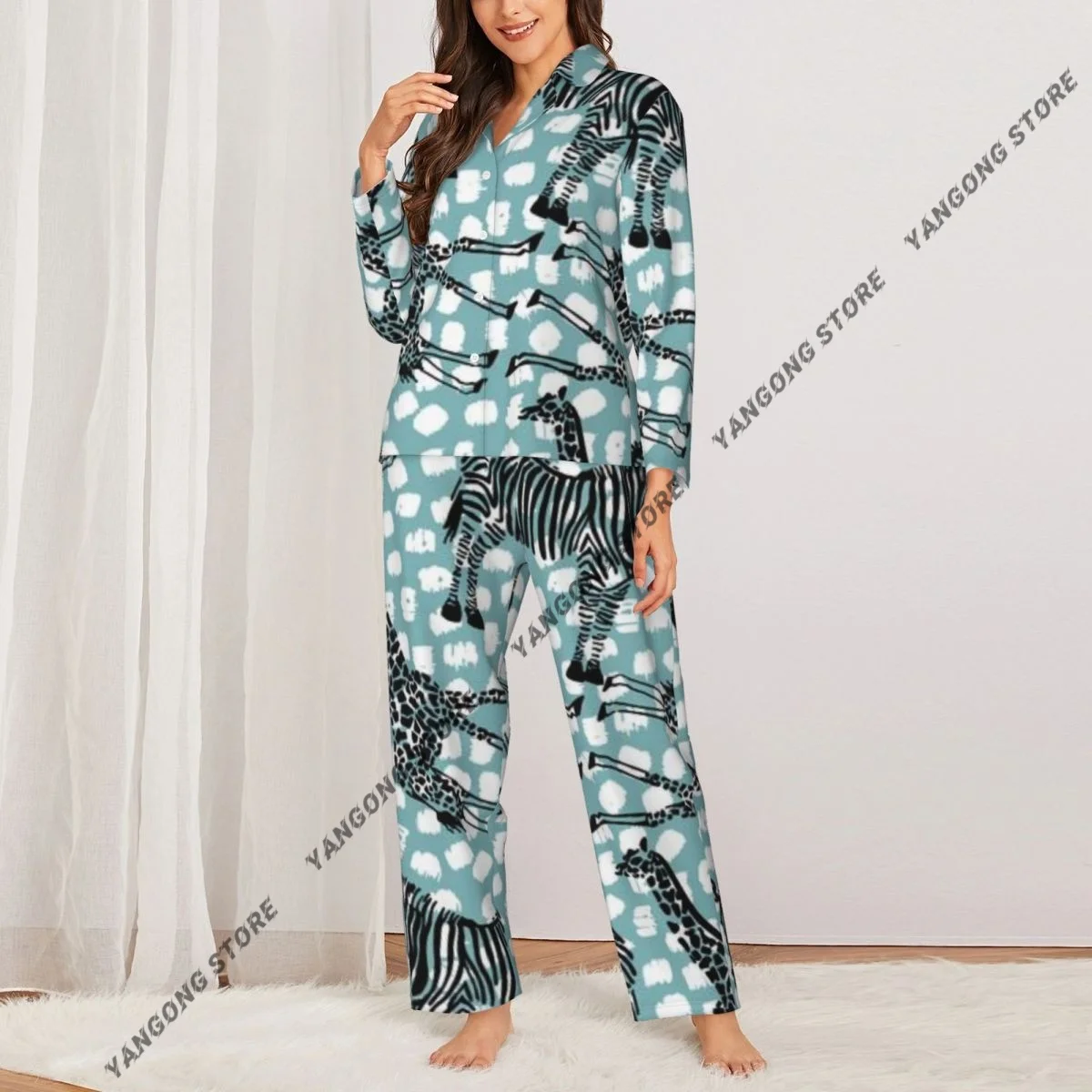Spring and Autumn Long Sleeve Pants Pajamas Loungewear Set Tropical Zebra Background Women's Pull Edge Loose Sleeping Suit
