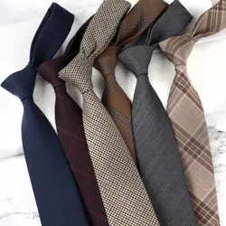 7CM Width High Quality Wool Neckties For Men Gentleman Handmade Skinny Grey Plaid Neck Ties Casual Brown Cravat Accessories Gift