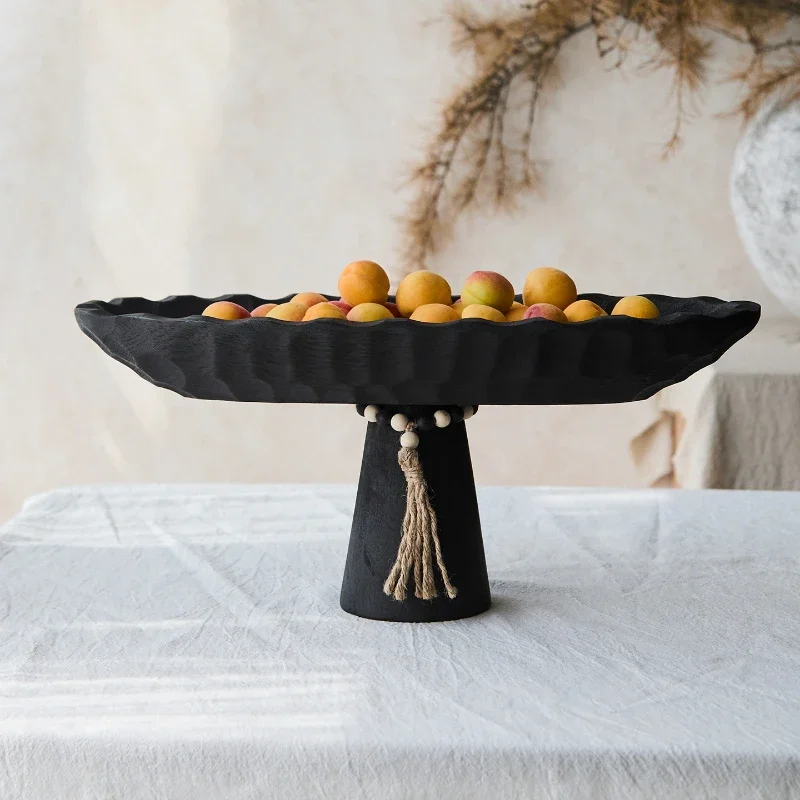 Wood Fruit Bowl, Decorative Black Bowl with Natural Finish Pedestal Use As Centerpiece for Kitchen Counter or Dining Table