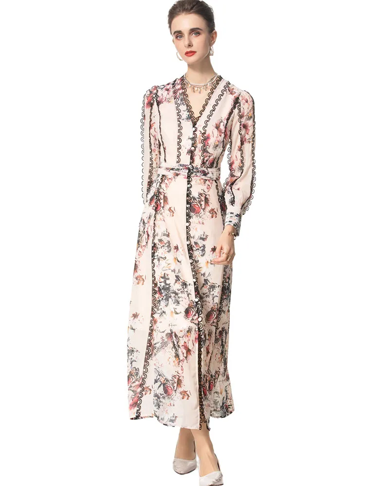 

Fashion Women Runway Dress V Neck Long Sleeve Single Breasted Floral Printing Vestidos Autumn Casual Expansion