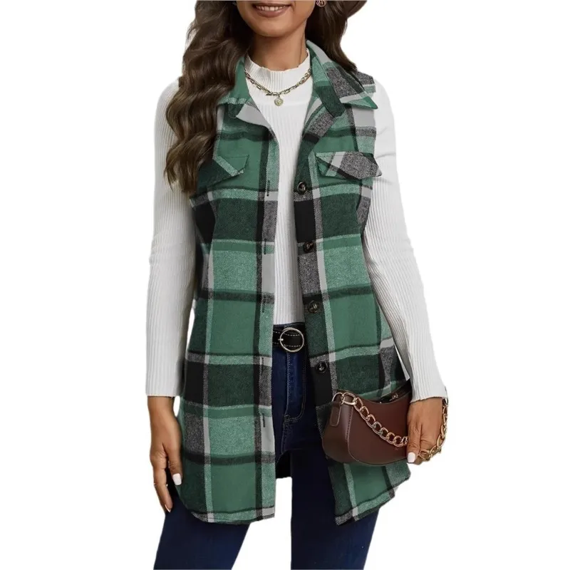 Gilet da donna stile retrò Cappotto con risvolto vintage Gilet con stampa scozzese multicolore per donna Elegante gilet di media lunghezza Cappotto Gilet autunnale