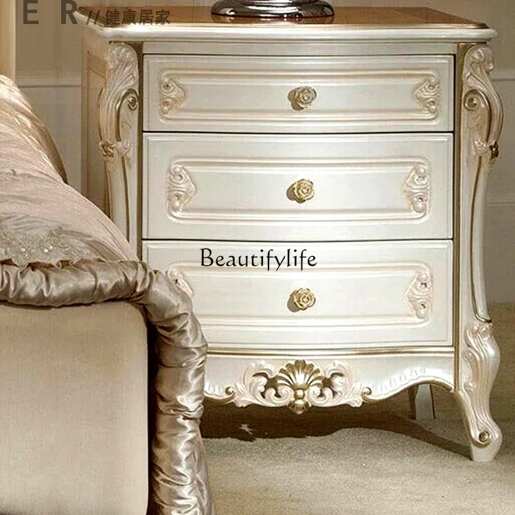 

Solid wood carved bedside table three drawers light luxury bedside princess locker girl